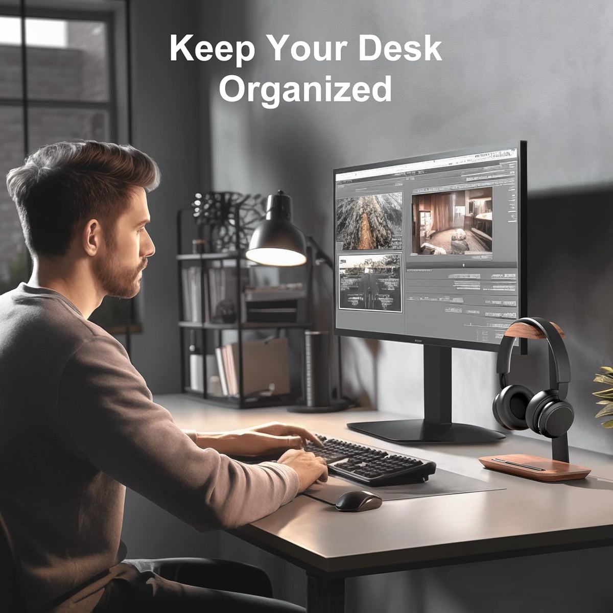 UPERGO Walnut Headphone Stand, Wood Headset Stand for Desk, Universal Headphone Holder with Storage