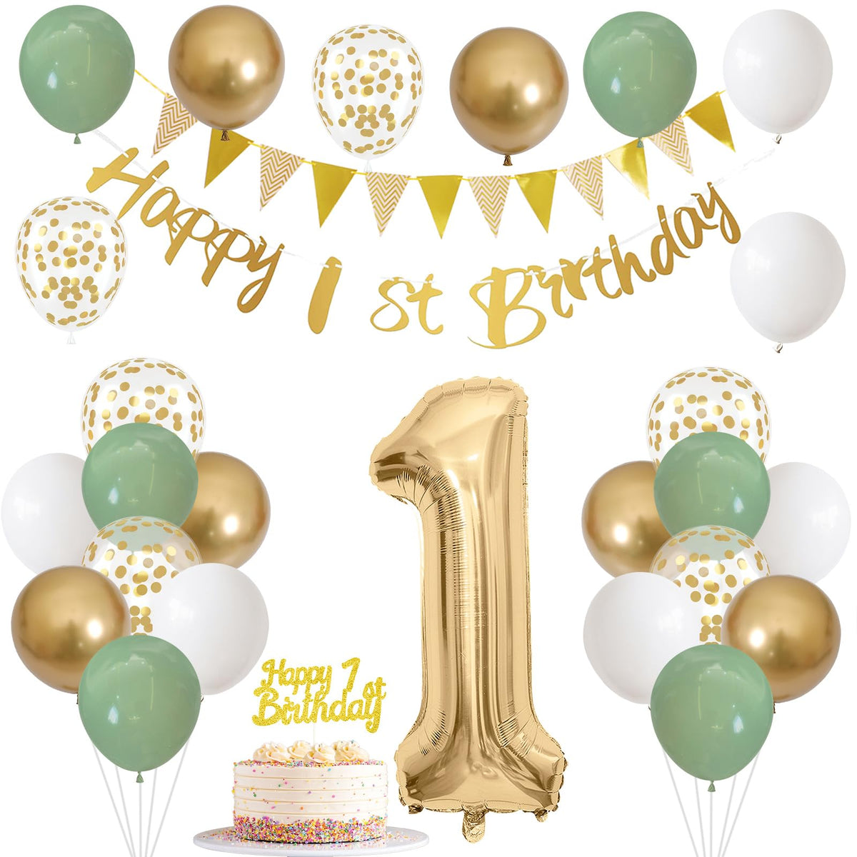 1st Birthday Decorations for Boys Girls, Sage Green White Gold Birthday Balloons with Happy 1st