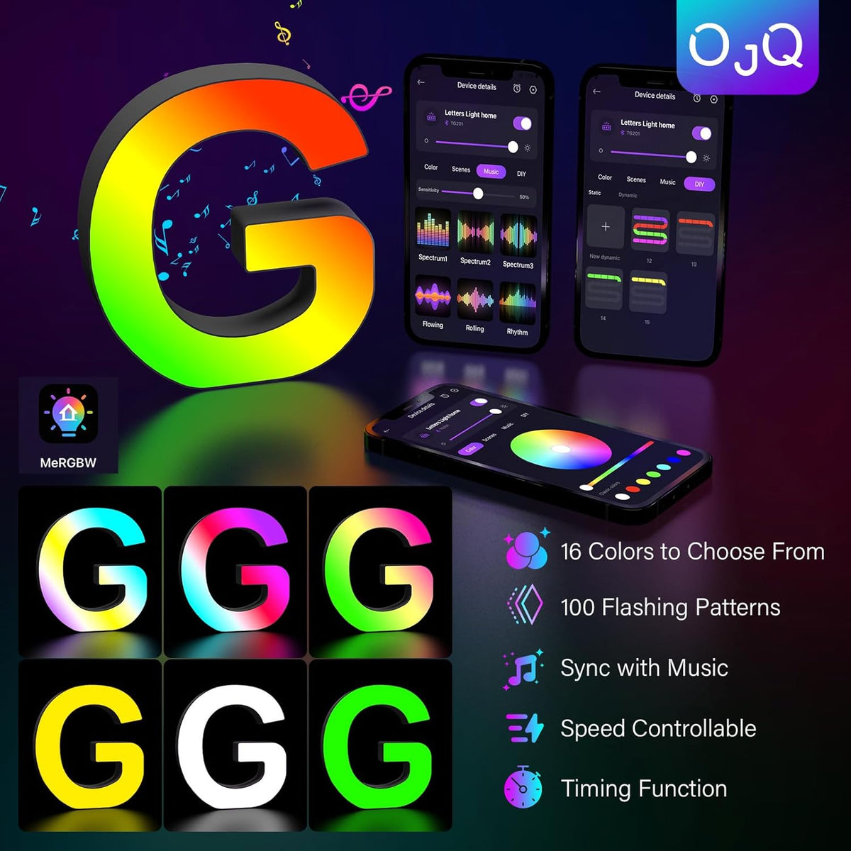 OJQ Light Up Letters LED Letter - Marquee Letters Room Decor Alphabet Letter Music Sync Color