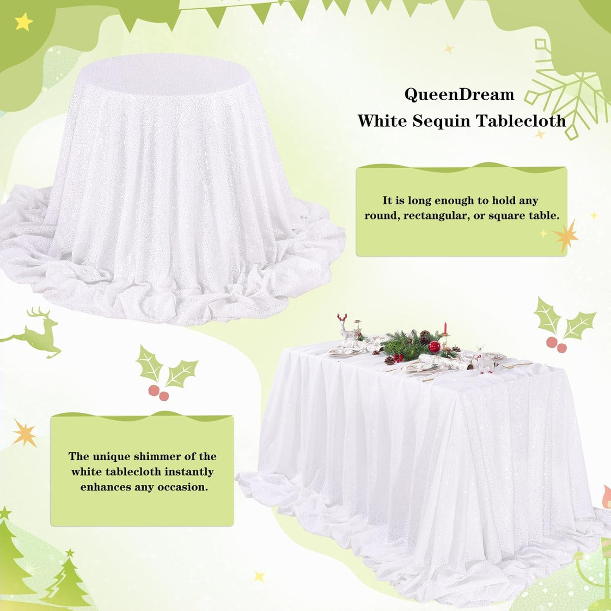 QueenDream White Sequin Tablecloth Rectangle 90 x 156 Inch Table Cloth for Wedding Bridal Shower