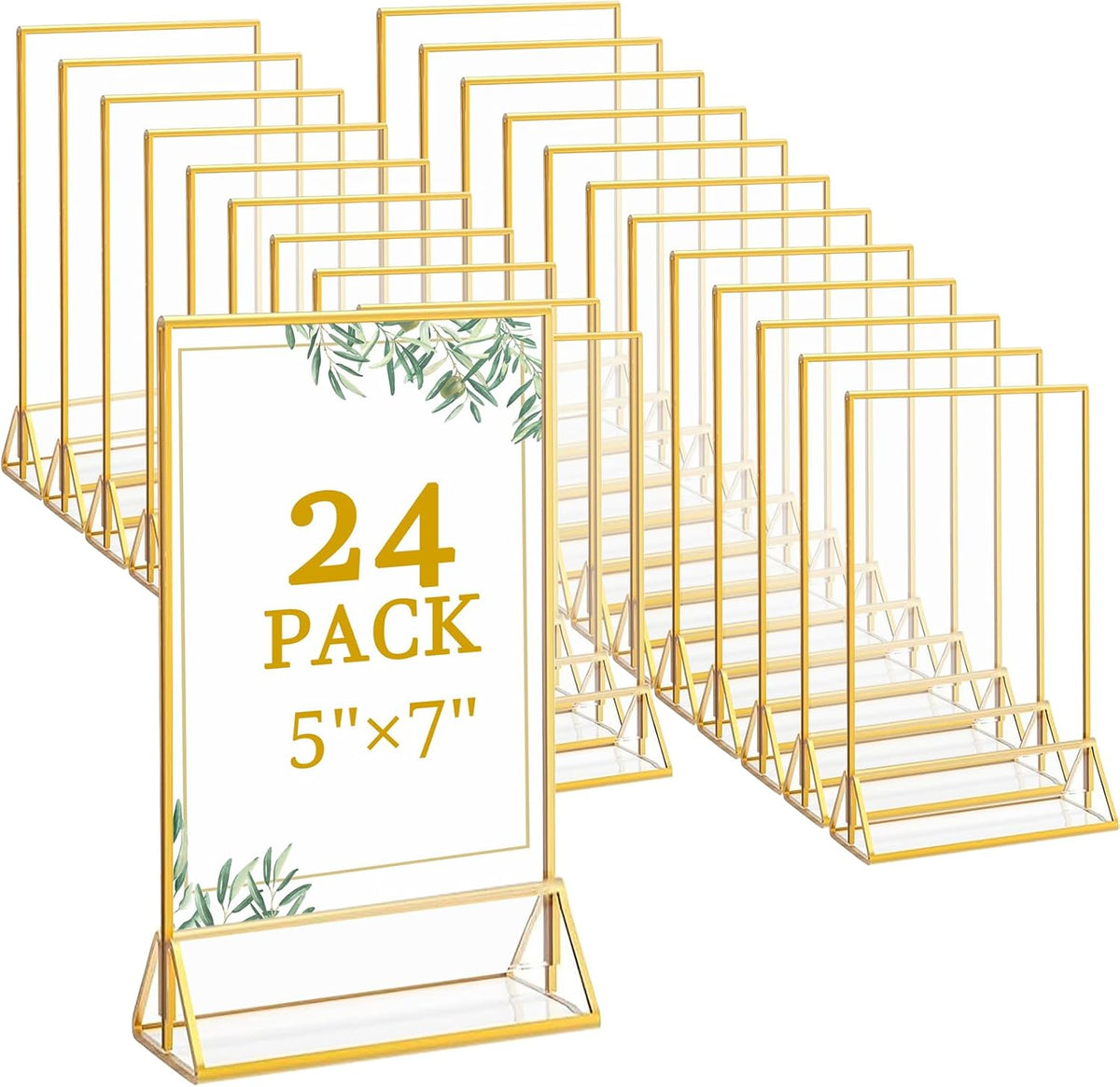 Floroom 24 Pack 5x7 Inch Clear Acrylic Sign Holders, Double-Sided Gold Display Stand Picture Frames