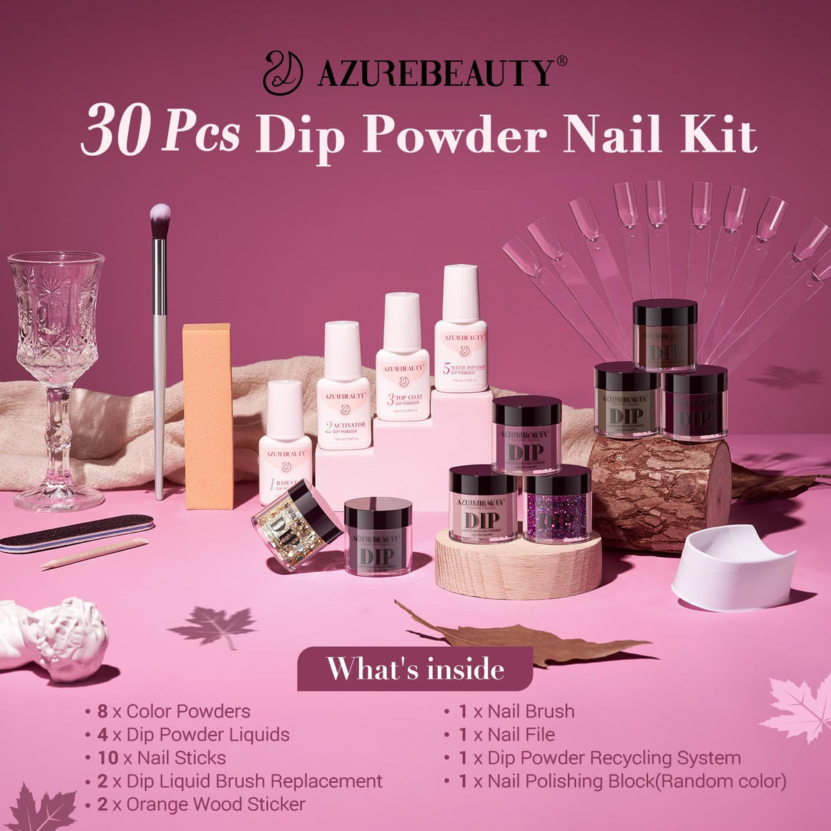 AZUREBEAUTY Dip Powder Nail Kit Starter Glitter Purple Nude Brown 8 Colors 30 Pcs with Nail Swatch