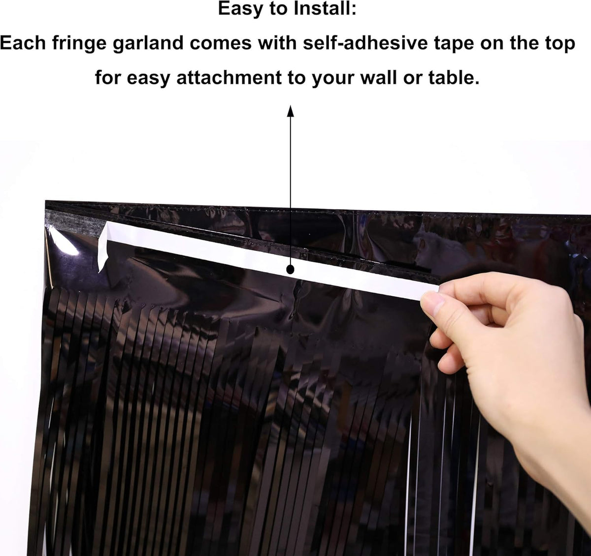 Thick 10 Feet by 15 Inch Black Foil Fringe Garland - Pack of 3 - Shiny Metallic Tinsel Banner for