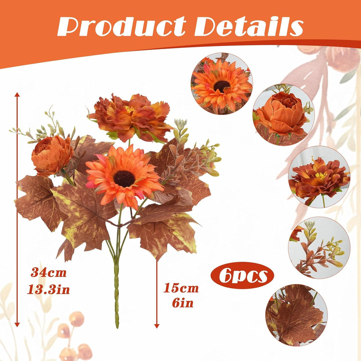 6 Pcs Fall Flowers Artificial for Decoration Silk Burnt Orange Flowers Fall Artificial Sunflowers