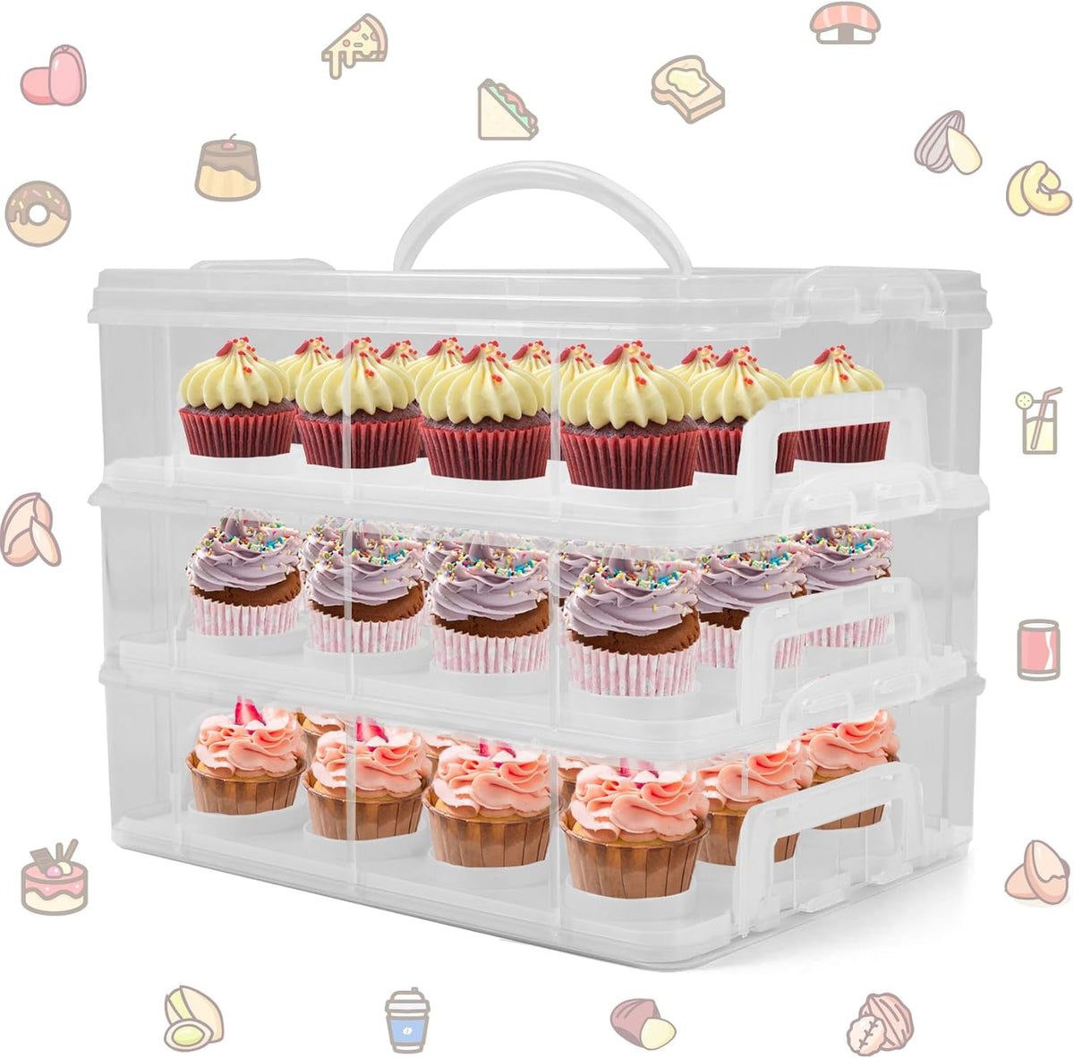 Cupcake Carrier, 3-Tiers Cupcake Containers, Holds 36 Cupcakes or 3 Large Cakes, Cupcake Holder