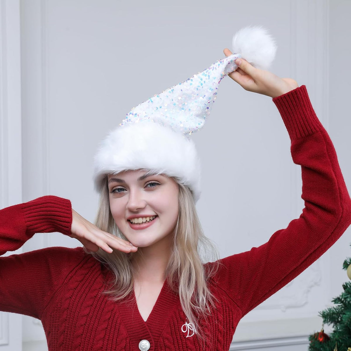 Personalized Sequin Santa Hat for Adults, Red Glitter Christmas Party Hat, Xmas Halloween New Year
