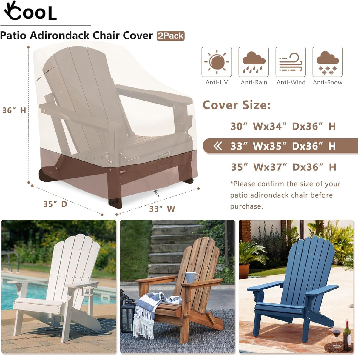 okcool Patio Adirondack Chair Cover 2 Pack,Waterproof Heavy Duty Outdoor Chair Covers,Patio