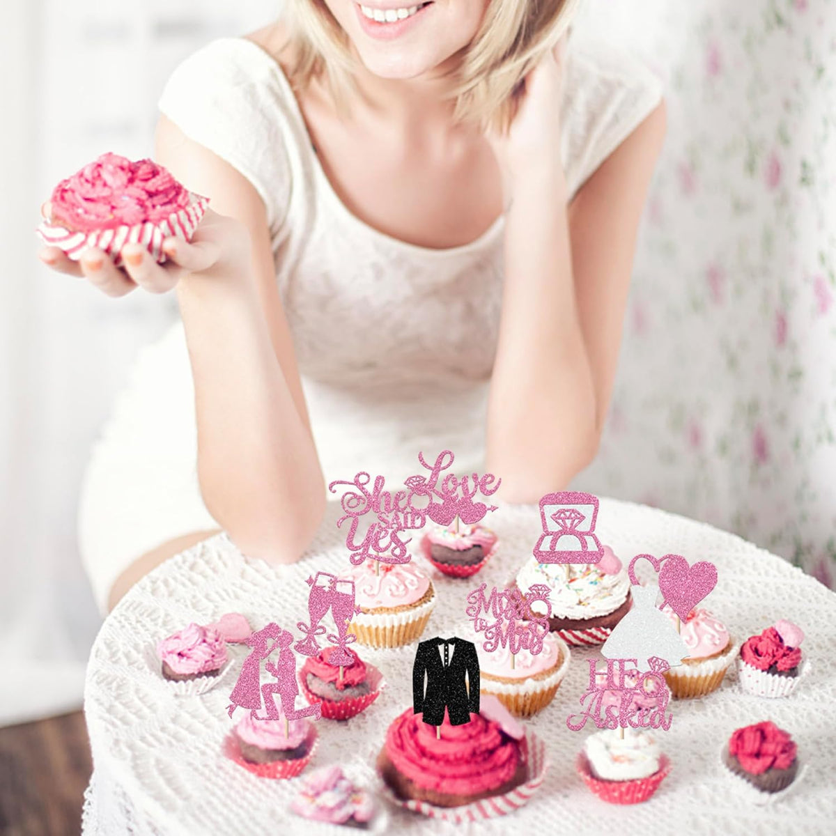30 Pack Bride to be Cupcake Toppers Glitter Diamond Ring Love I Do Cupcake Picks Miss to Mrs He
