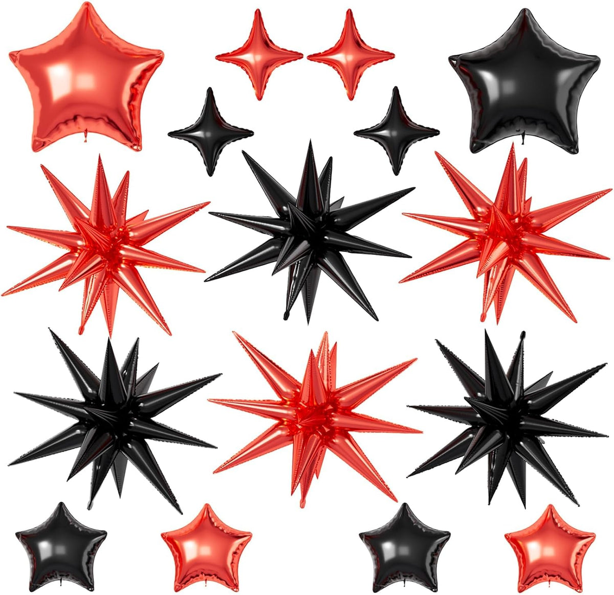 16 Pcs Red Black Star Balloons, 22/18/10 Inch Foil Balloons, Explosion Conee Four-Pointed Balloon