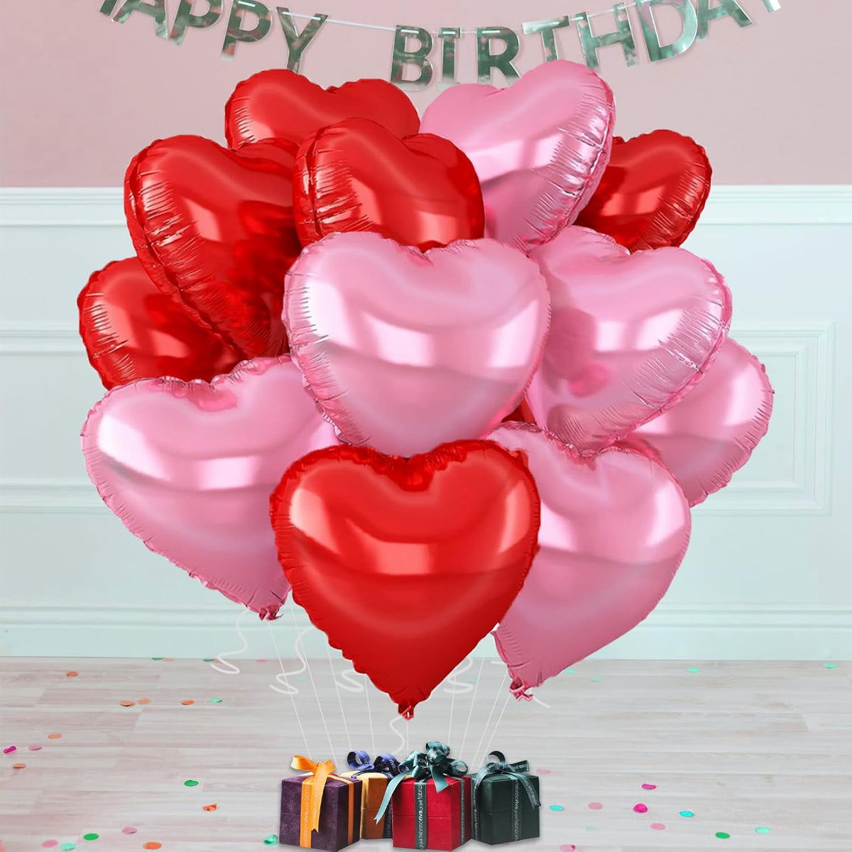 18inch Pink Heart Balloons,6Pcs Bright Pink Heart Shaped Foil Balloons & 6Pcs Red Helium Mylar