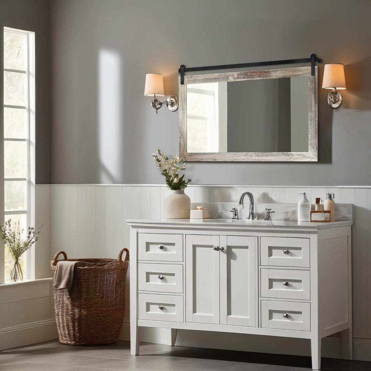 COGOOD Farmhouse Barn Door Mirror - 41" x 26" Rustic Wood Framed Wall Mirror for Bathroom, Living
