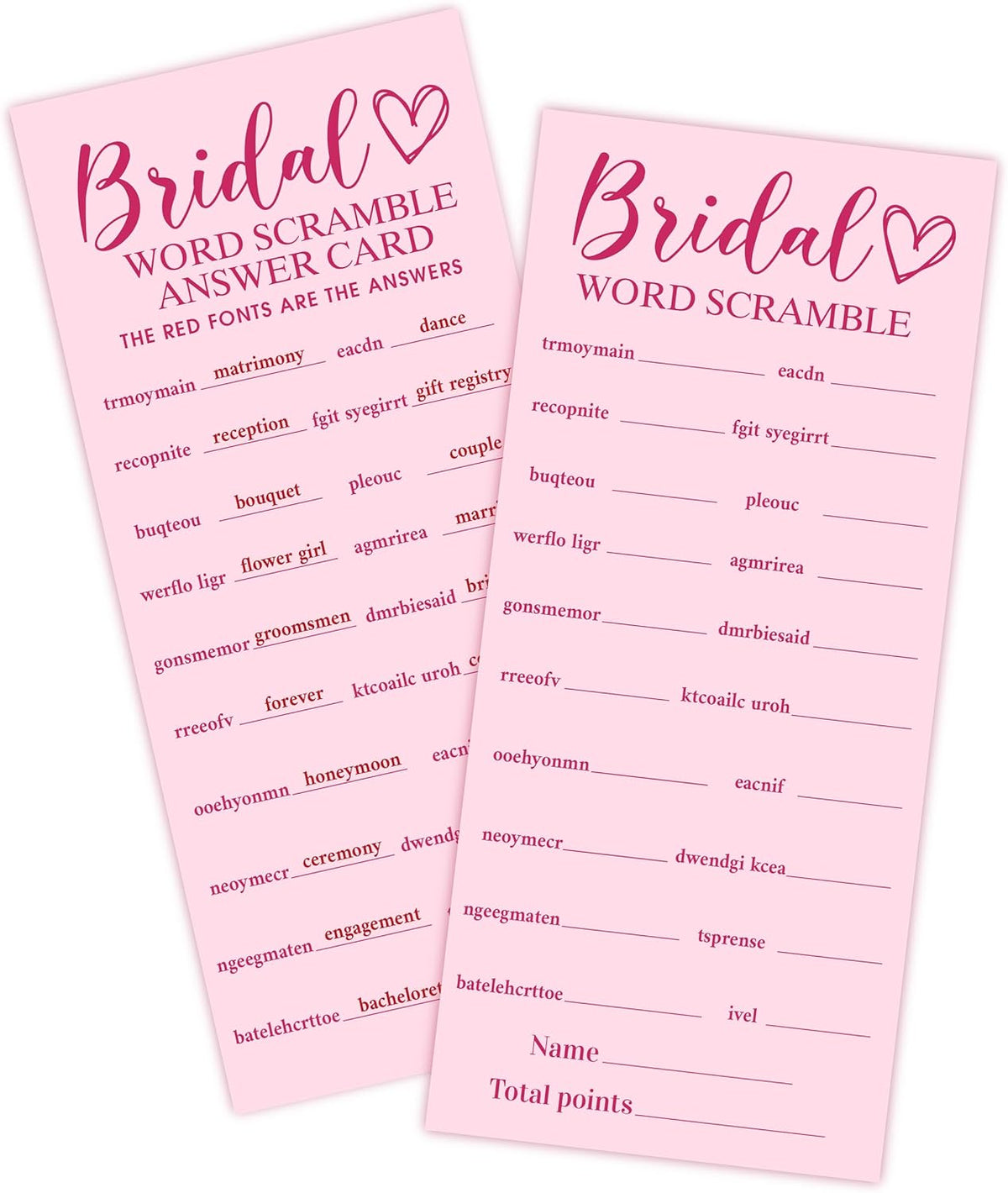 Pink Wedding Shower Games Cards, Bridal Word Scramble, 25 Game Cards with 1 Answer Card, 4x9, Bride