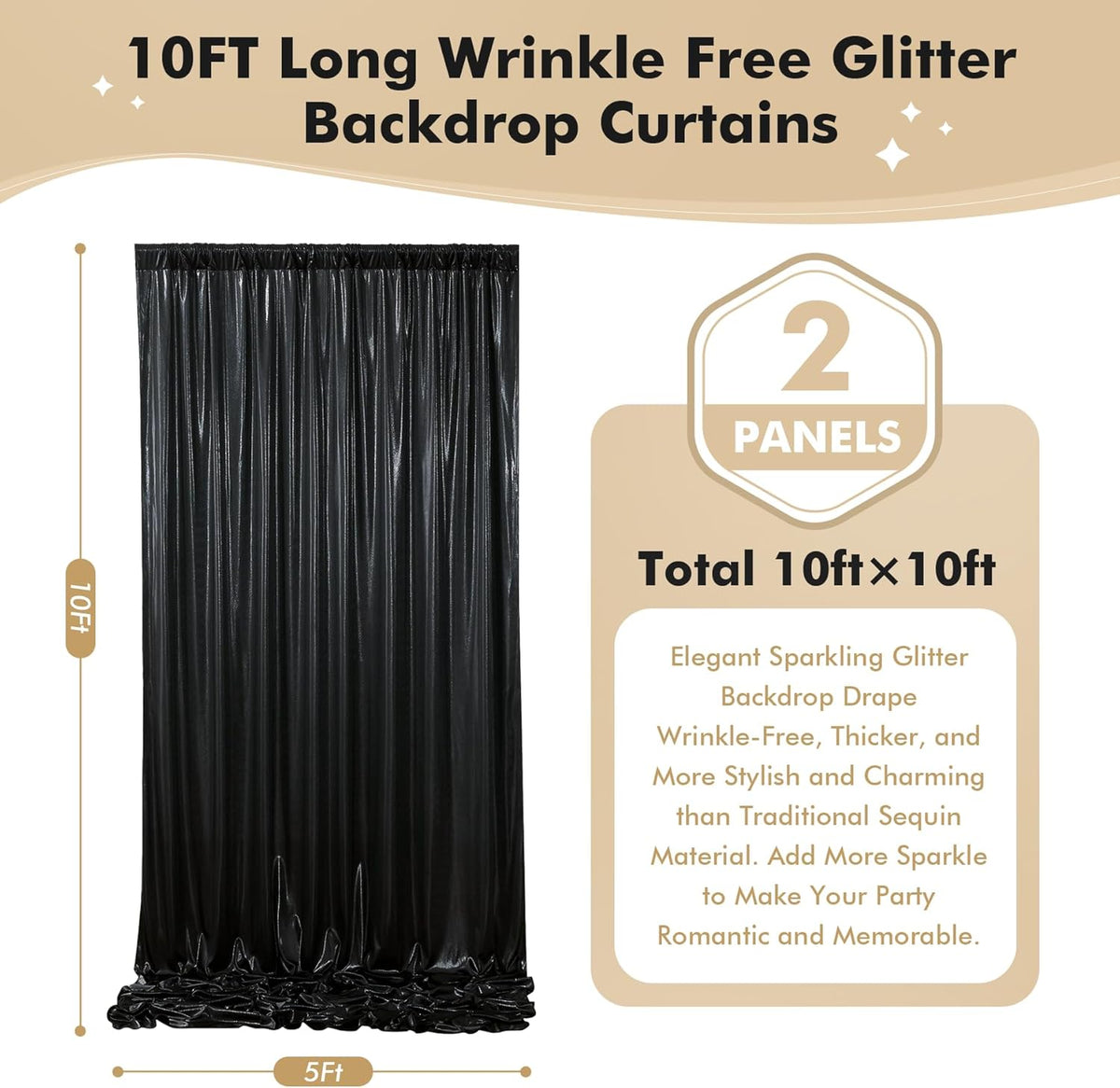 10ft x 10ft Black Glitter Sequin Backdrop Curtain for Parties, Wrinkle Free Sparking Backdrop