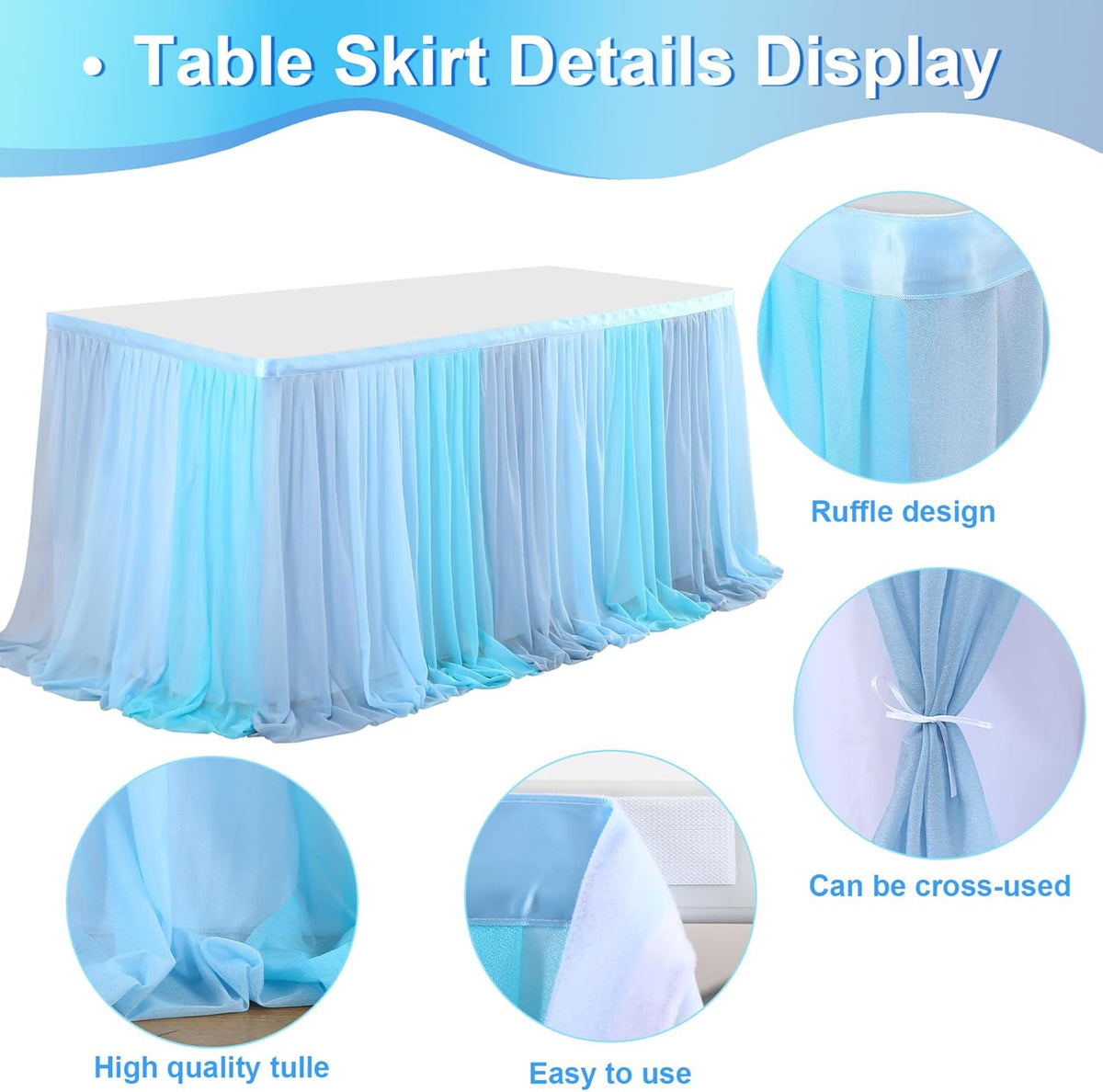 Frozen Theme Party Tulle Table Skirt for Rectangle Tables 6ft Ocean Blue Ruffle Tutu Table Cloth
