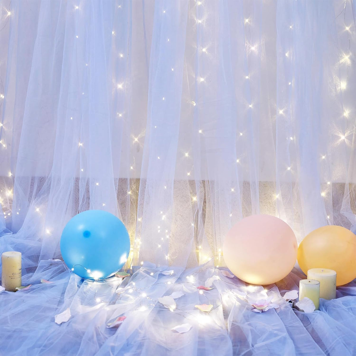 Baby Blue Sheer Tulle Backdrop Curtains with Lights String for Parites Baby Shower Decorations for