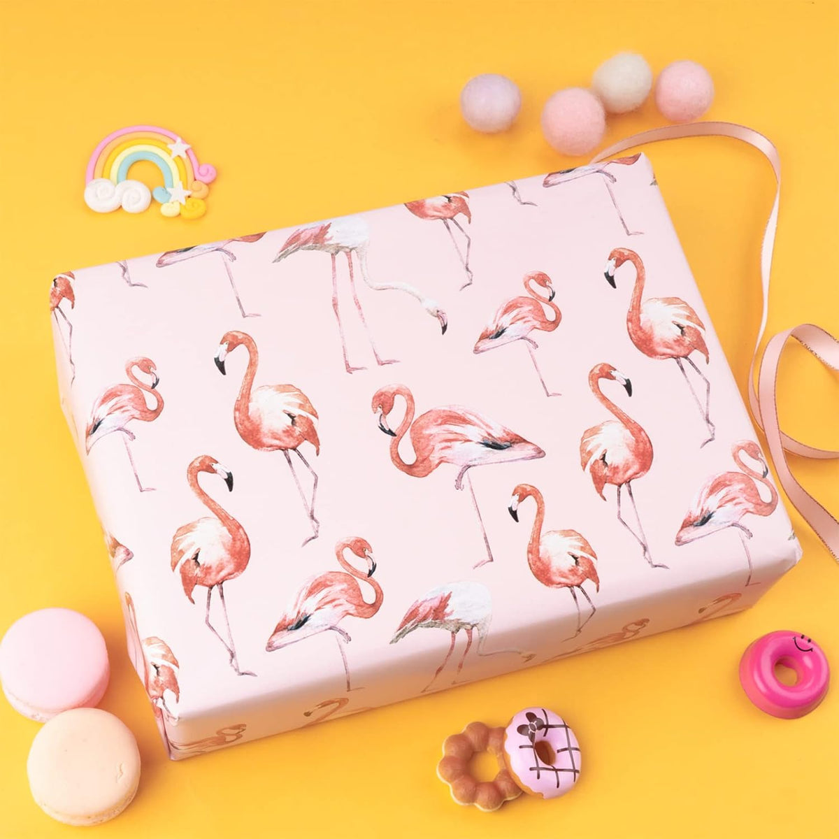 WRAPAHOLIC Reversible Flamingo Wrapping Paper - Mini Roll - 17 Inch X 33 Feet - Pink Flamingo