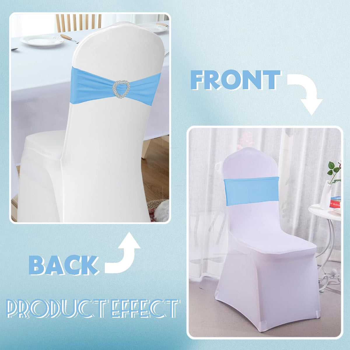 100 Pack Spandex Stretch Blue Chair Sashes Bows Universal Elastic Light Blue Chair Cover Bands Ties