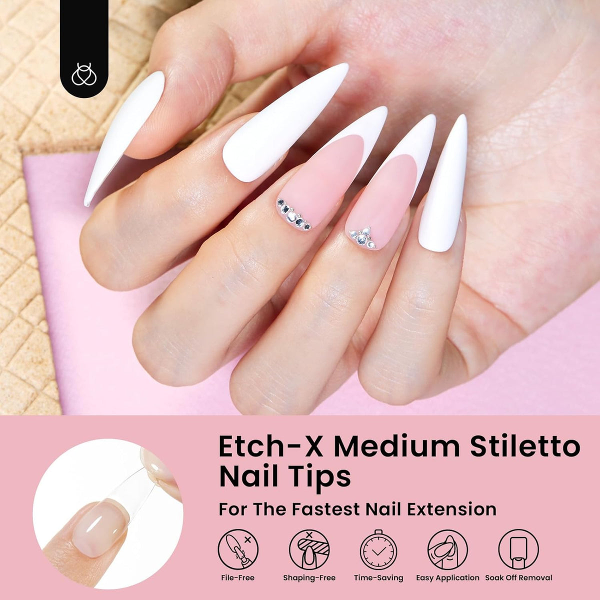 Beetles Gel Nail Tips Etch-X, Stiletto Medium, 288Pcs 12 Sizes, Pre-Etched Half Matte Full Cover