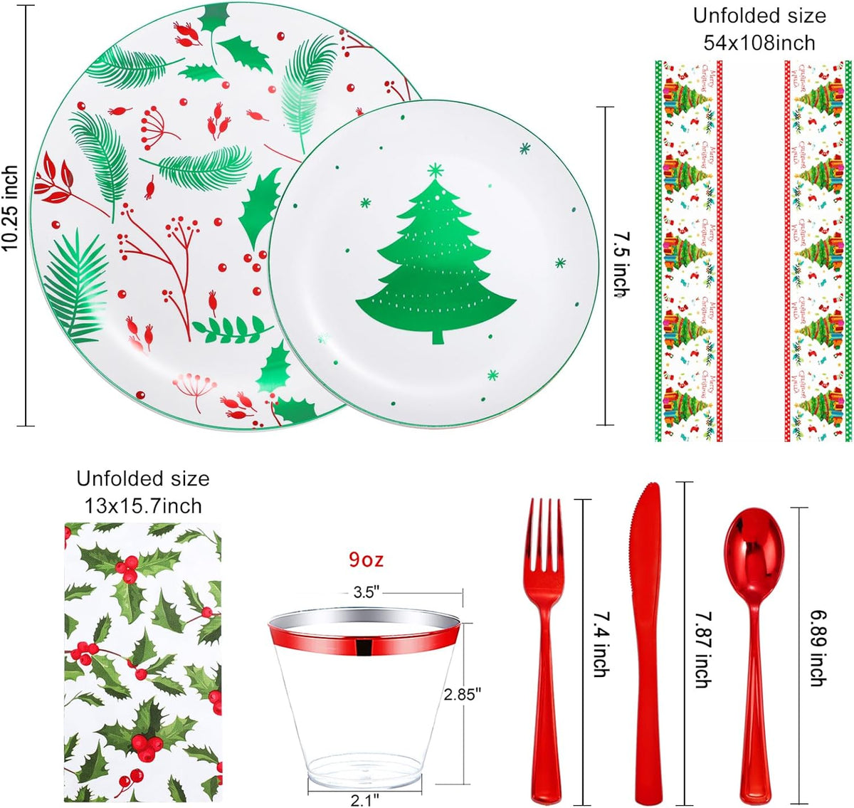 Festiva 176Pcs Christmas Plastic Plates Heavy Duty- Christmas disposable Dinnerware Set-include