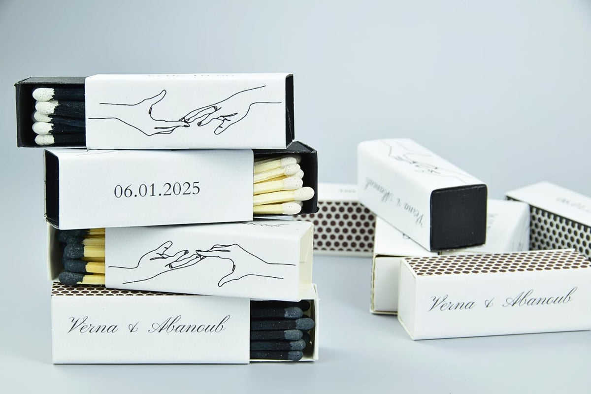 10 Boxes - Customized Matchboxes Colorful Tips (Wedding Design #5, 4" Matchboxes) (2" Matchsticks