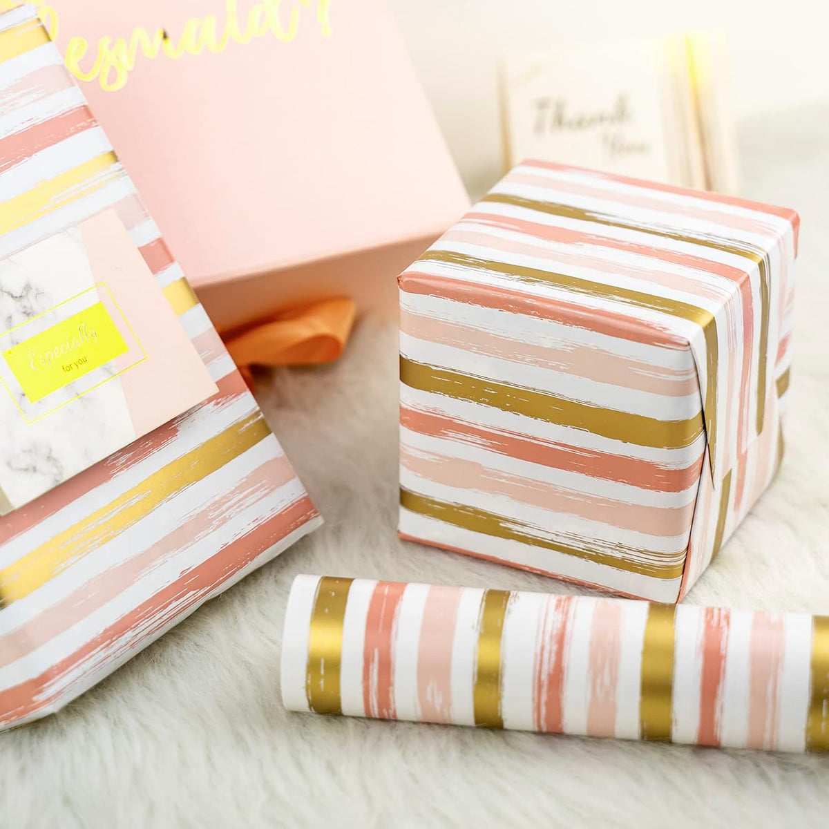 WRAPAHOLIC Reversible Pink Wrapping Paper - Mini Roll - 17 Inch X 33 Feet - Pink Gold Lines and