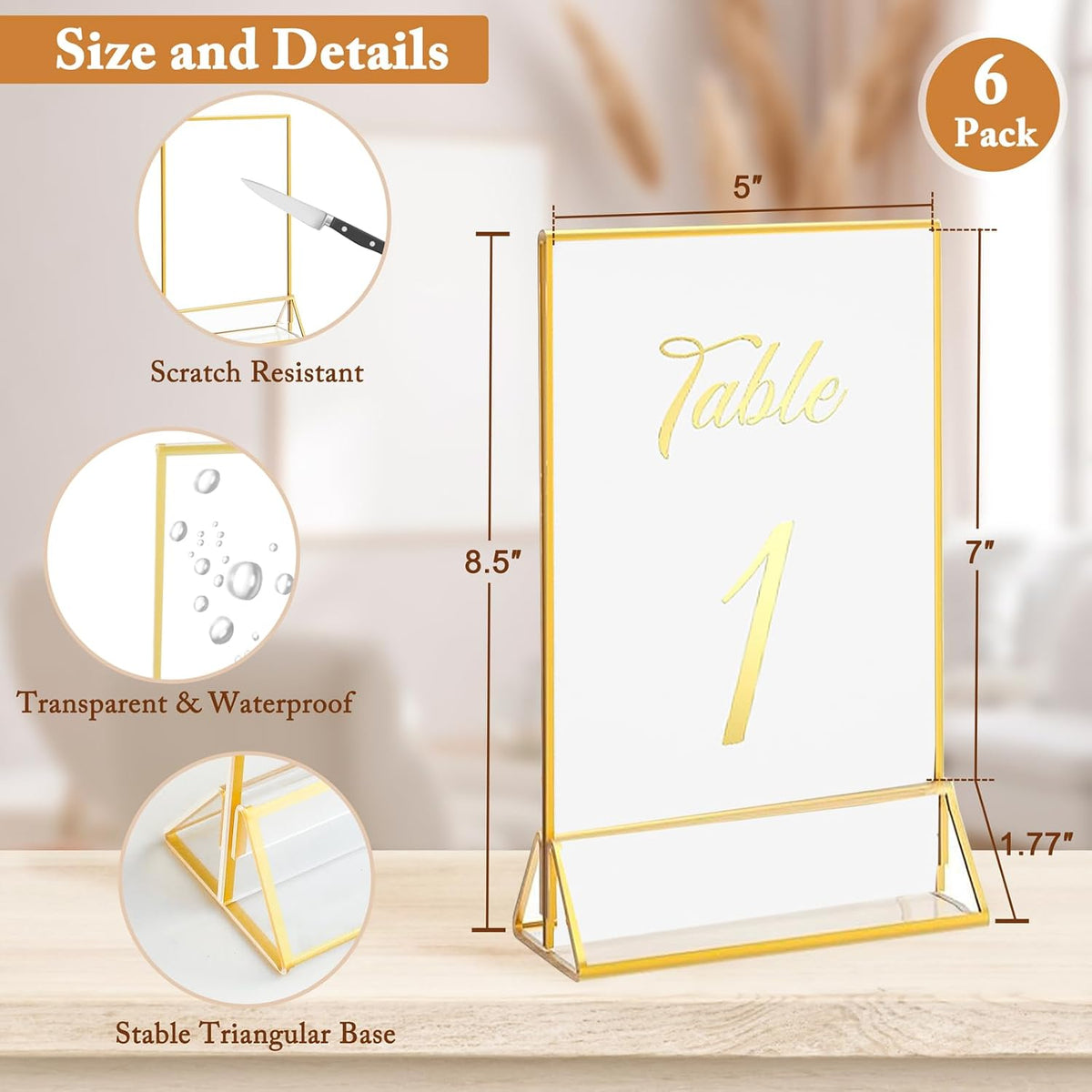 Floroom 6 Pack 5x7 Inch Clear Acrylic Sign Holders, Double-Sided Gold Display Stand Picture Frames