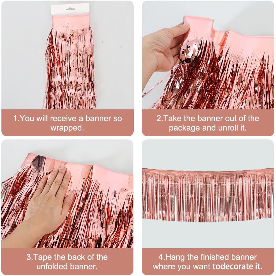 BEISHIDA 3 Packs 30 Feet Metallic Foil Fringe Garland Tinsel Streamers，Shiny Rose Gold Wall Hanging
