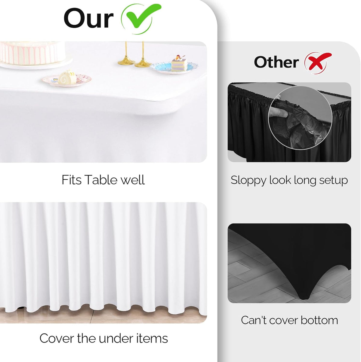 6 Pack White Spandex Table Clothes for 8 Foot Rectangle Tables, 8FT Wrinkle Free Fitted Tablecloths