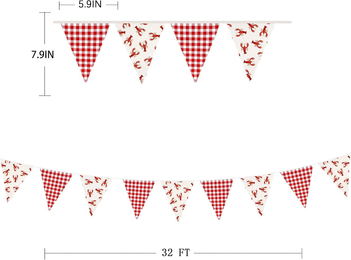 32Ft Crawfish Party Decorations Red Buffalo Plaid Crawfish Pennant Banner Fabric Triangle Flag