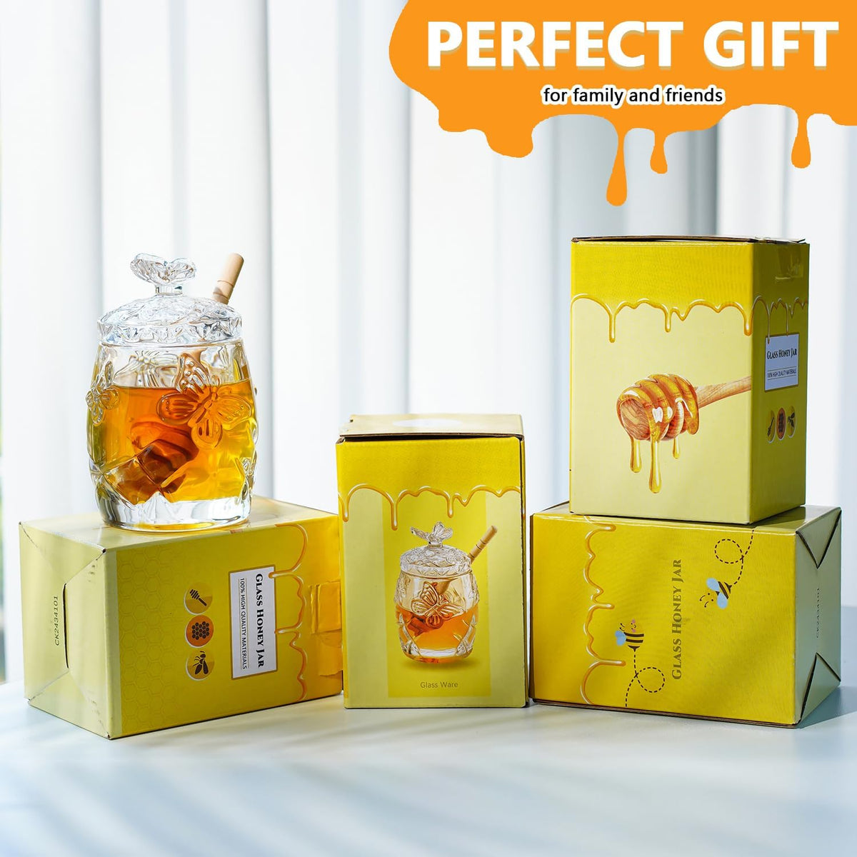 kanpura Clear Crystal Honey Jar with Dipper and Lid, Honey Bee Pot, 4.5oz Glass Honey Pot for Home