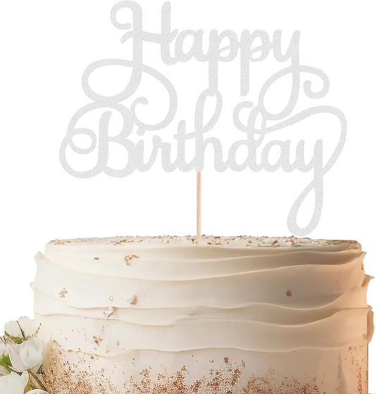 Happy Birthday Cake Topper - Silver Glitter Birthday Party Cake Decoration Supplies - Happy