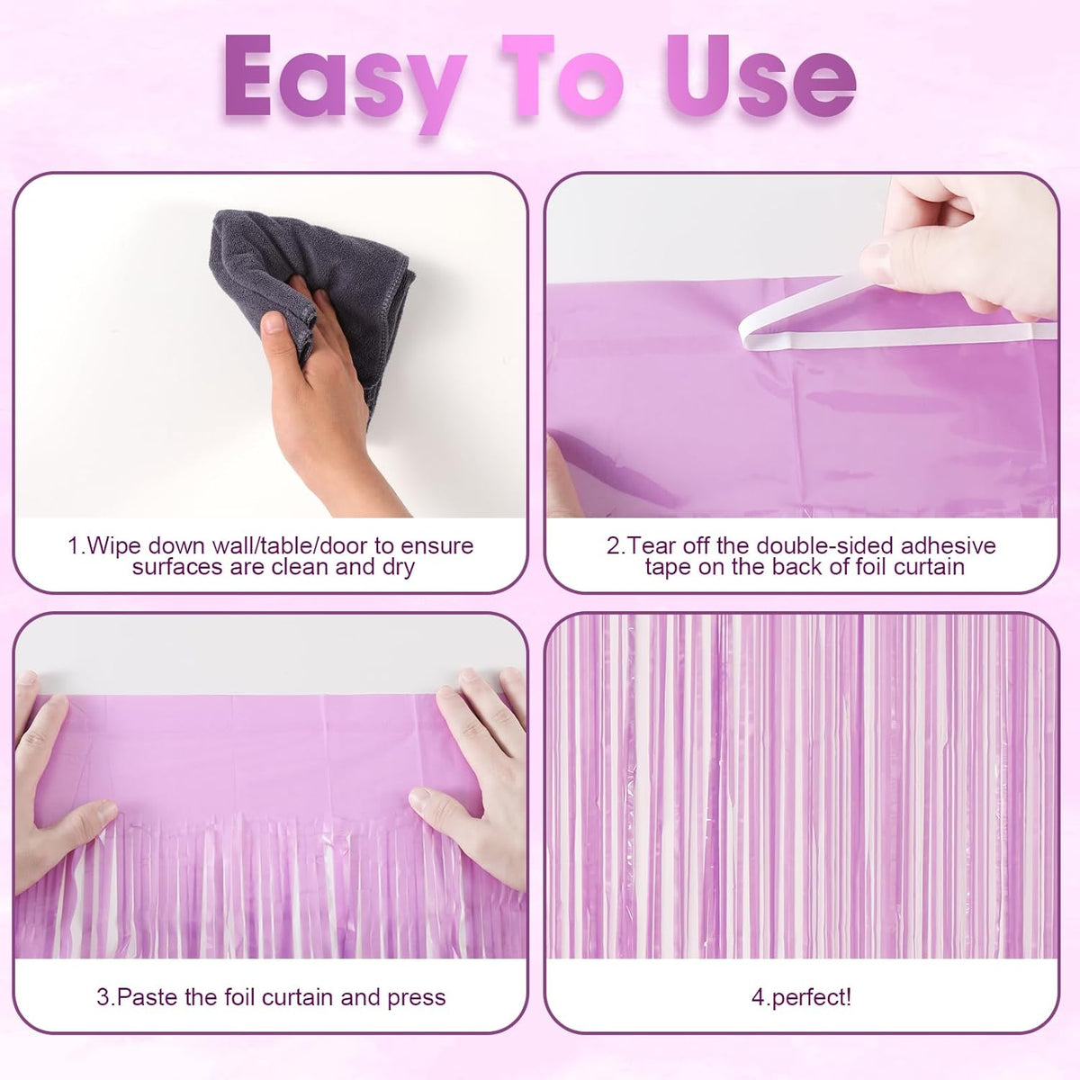 2 Pack Pastel Purple Foil Fringe Backdrop Curtains, Tinsel Streamers Birthday Party Decorations for