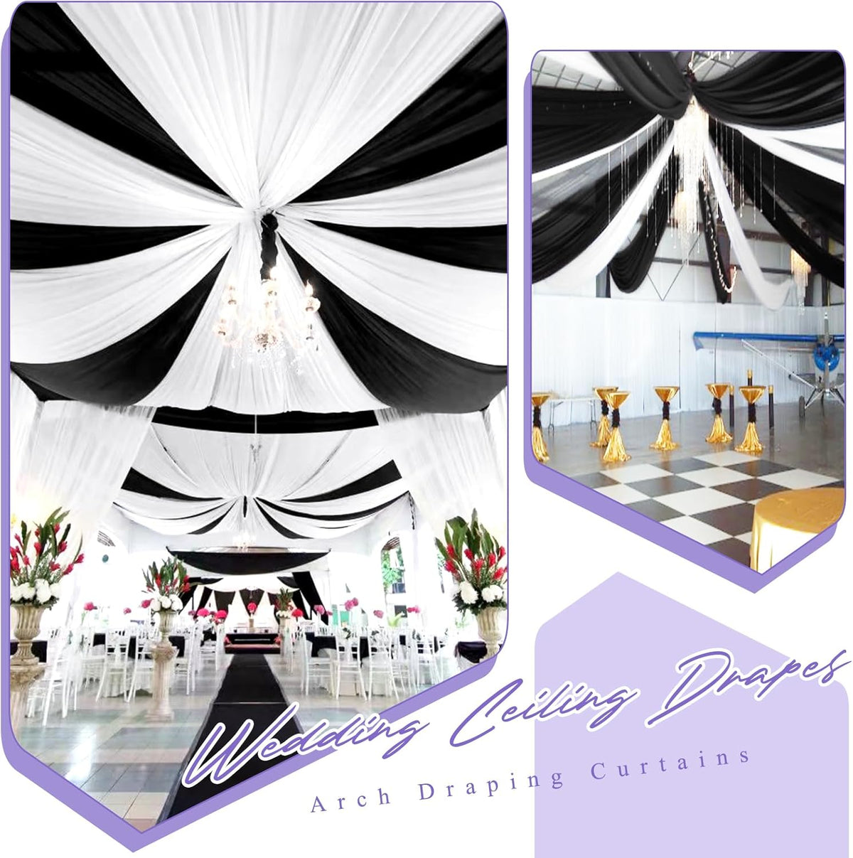 6 Panels Black Ceiling Drapes for Wedding 5ftx10ft Chiffon Fabric Arch Draping Curtains Sheer