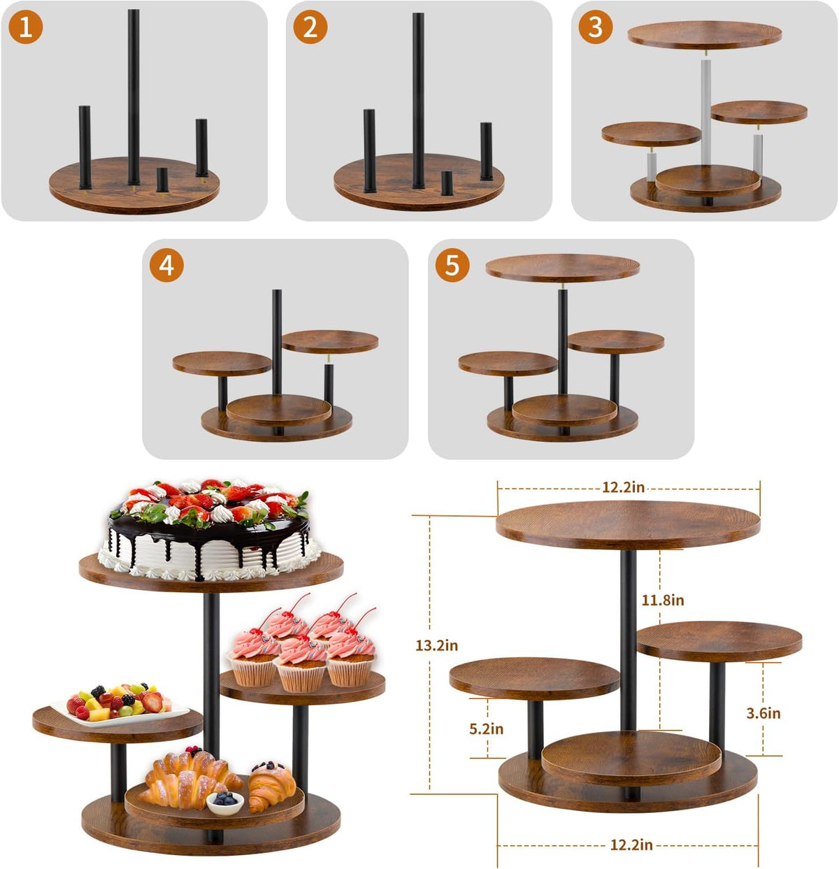 Rustic 4-Tier Rotating Wooden Cupcake Tower Stand for 50-60 Cupcakes, Elegant Dessert Display Tray