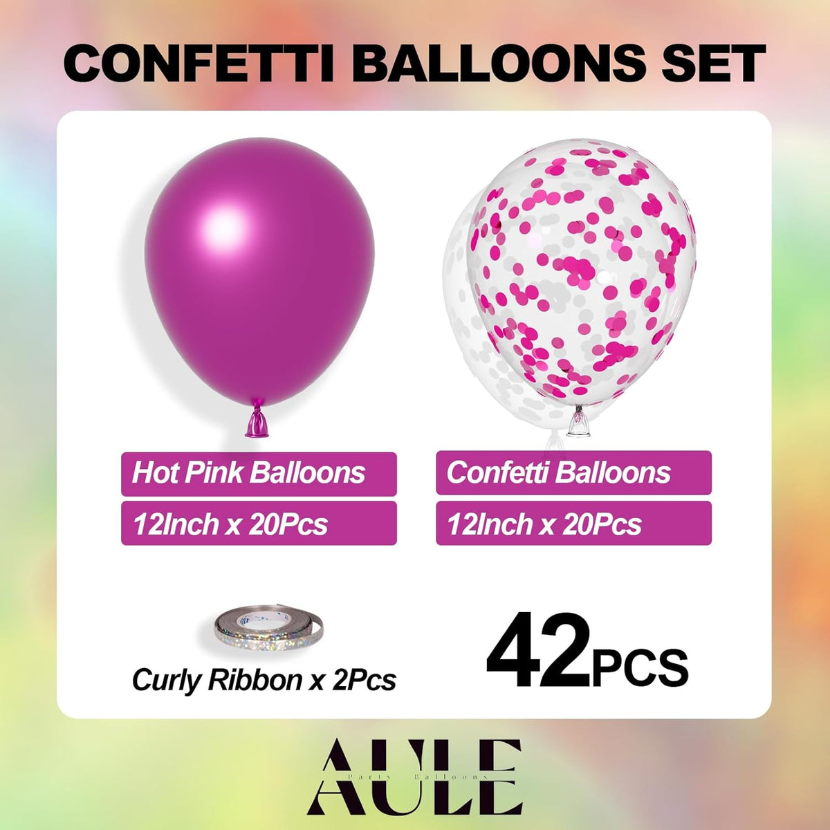 AULE Party Balloons Pack of 42 - Metallic Chrome Hot Pink Balloons and Hot Pink Confetti Latex