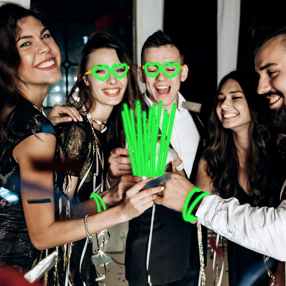 60 Pack 8” Green Glow Sticks Bulk Bright Glow Sticks with 60 Connectors 20 Heart Glasses Glow In