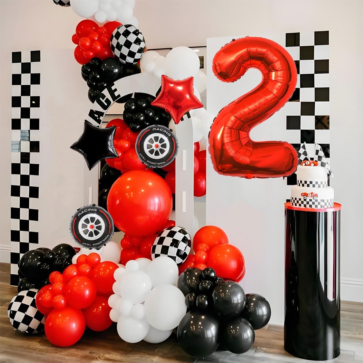 Race Car Birthday Decorations - 40 Inch Mylar Red Number 2 Balloons - Black Foil Checkered Race Car