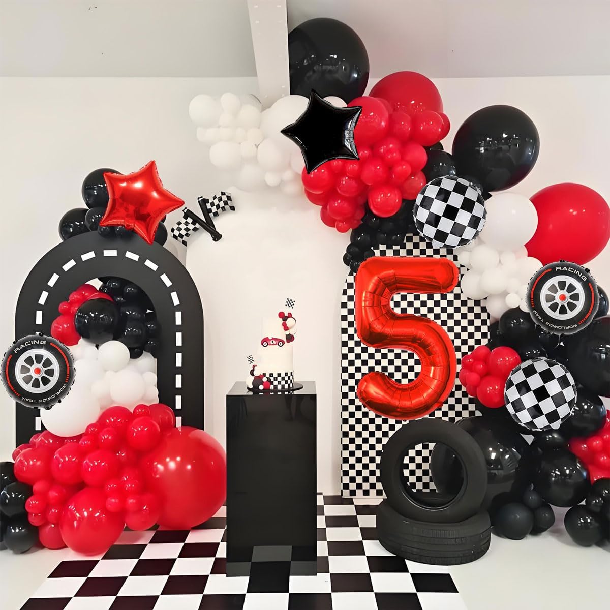 Race Car Birthday Party Decorations - 40 Inch Mylar Red Number 5 Balloons - Black Foil Checkered