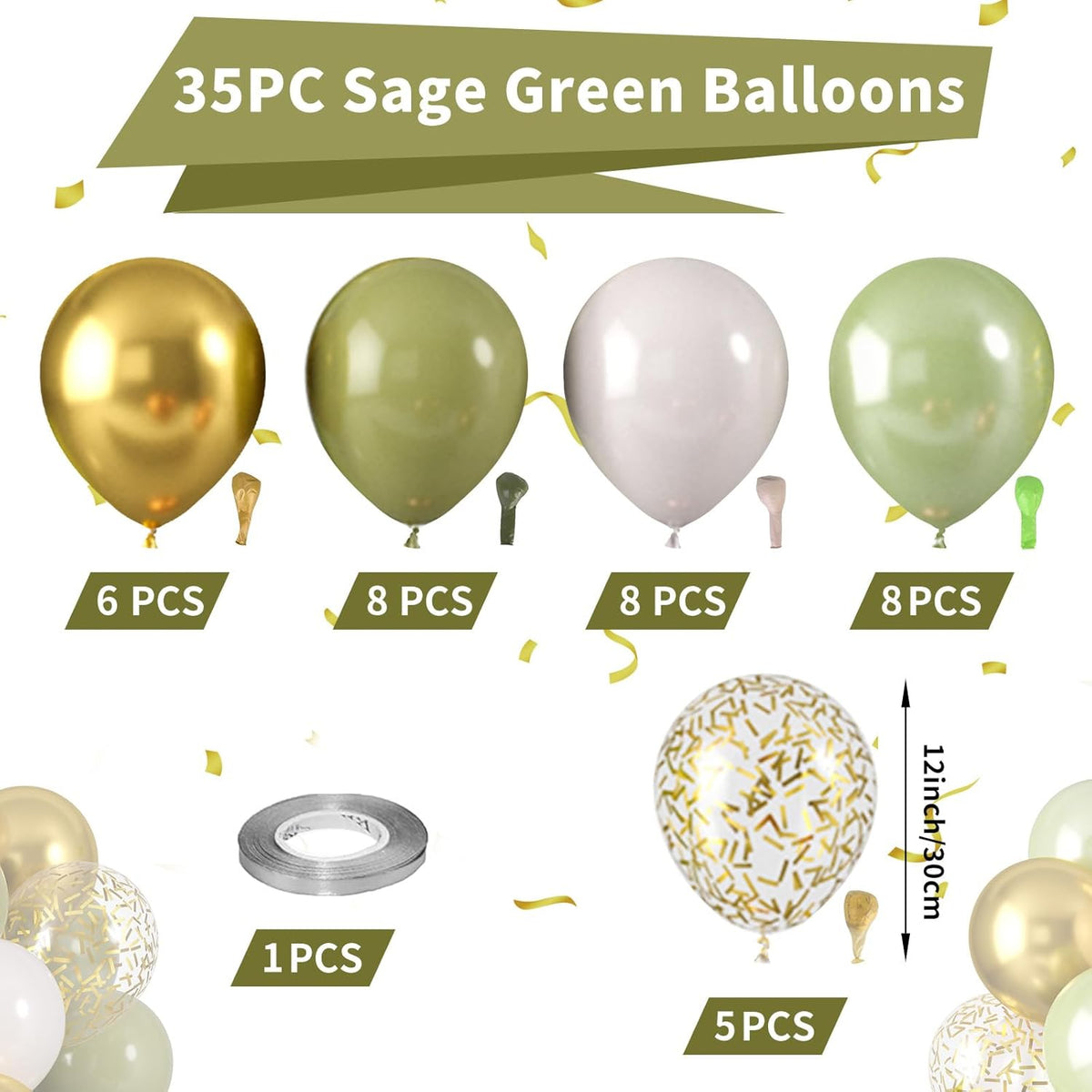 Sage Green Balloons, Sage Balloons Retro White Pearl Light Green Balloon, White Sand Gold Confetti