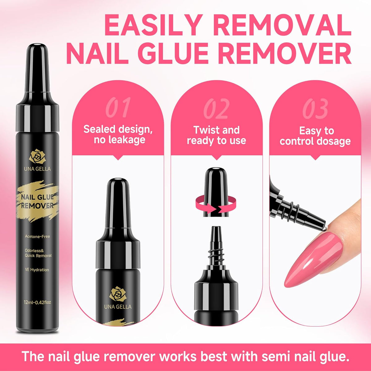 UNA GELLA Lamp-Free Semi Solid Nail Glue for Press Ons: 10ml and Soak Off Gel Nail Glue Remover for