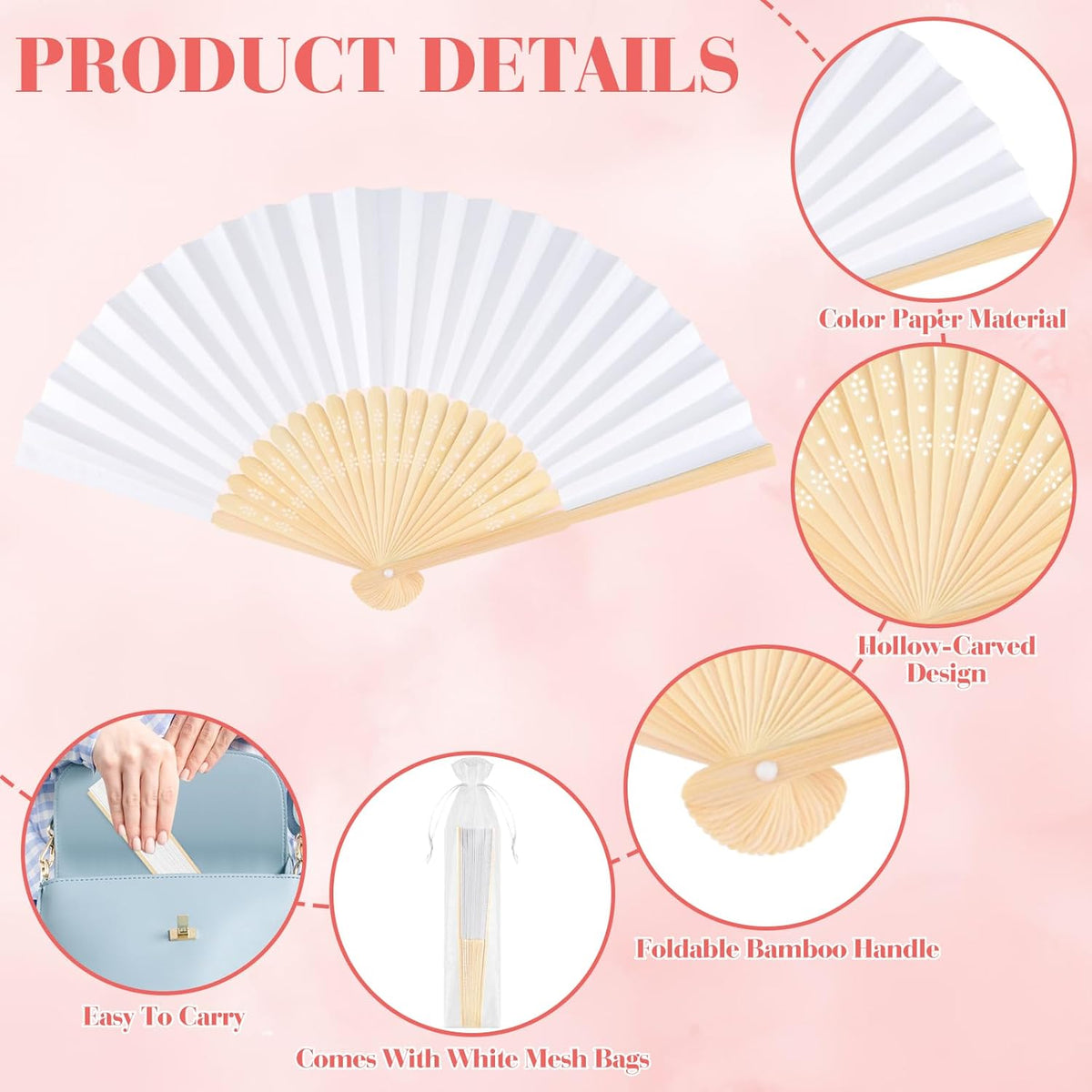 12 Pieces White Hand Held Bamboo Folding Fans Paper Fans Handheld for Women Foldable Girls Wedding