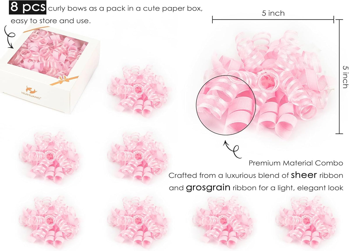 HUIHUANG Pink Gift Bows Self-Adhesive Curly Ribbon Bow 5 inch x 8 Counts Light Pink Bow for Gift