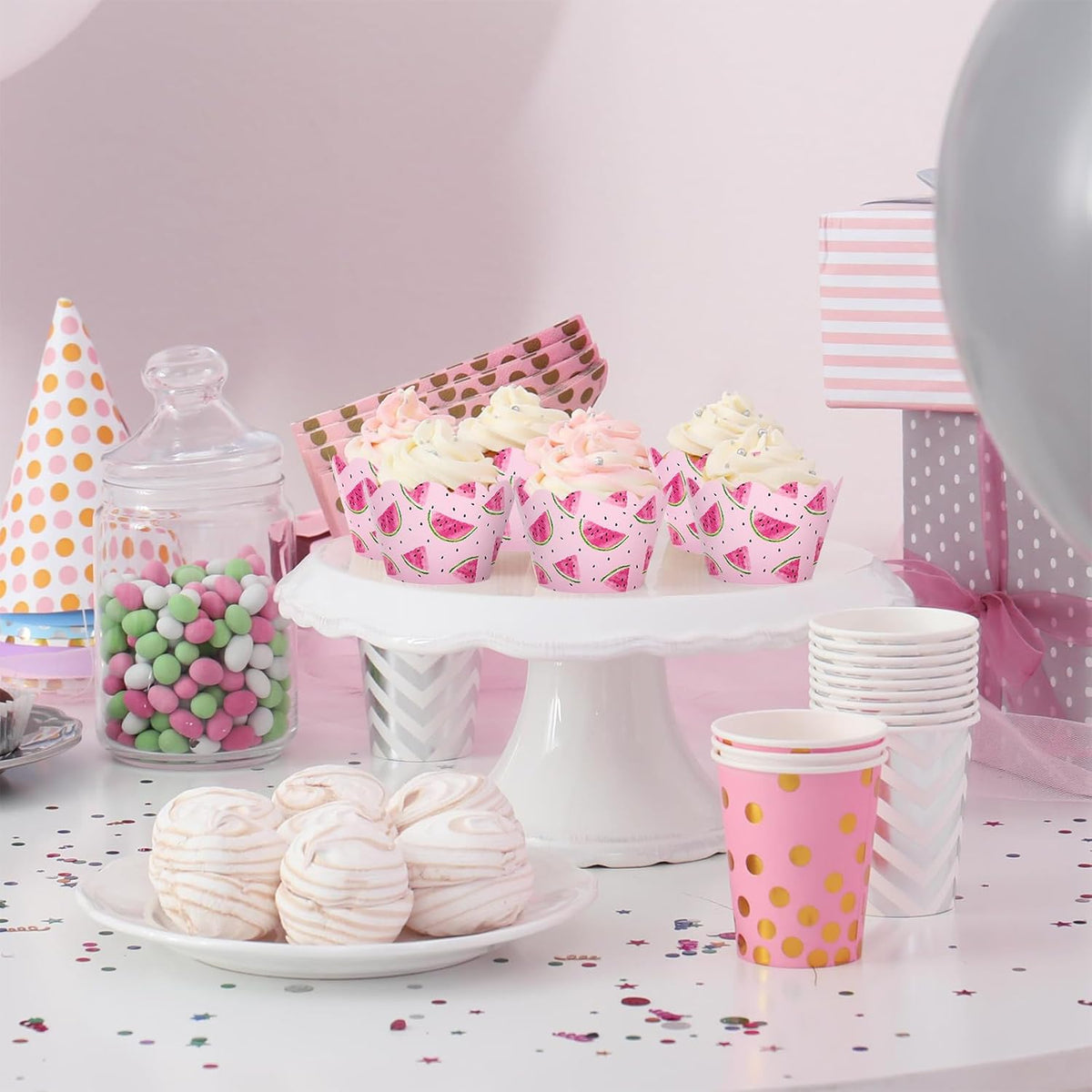 Whaline 36Pcs Watermelon Cupcake Wrappers Watercolor Pink Watermelon Cupcake Liners Decorative