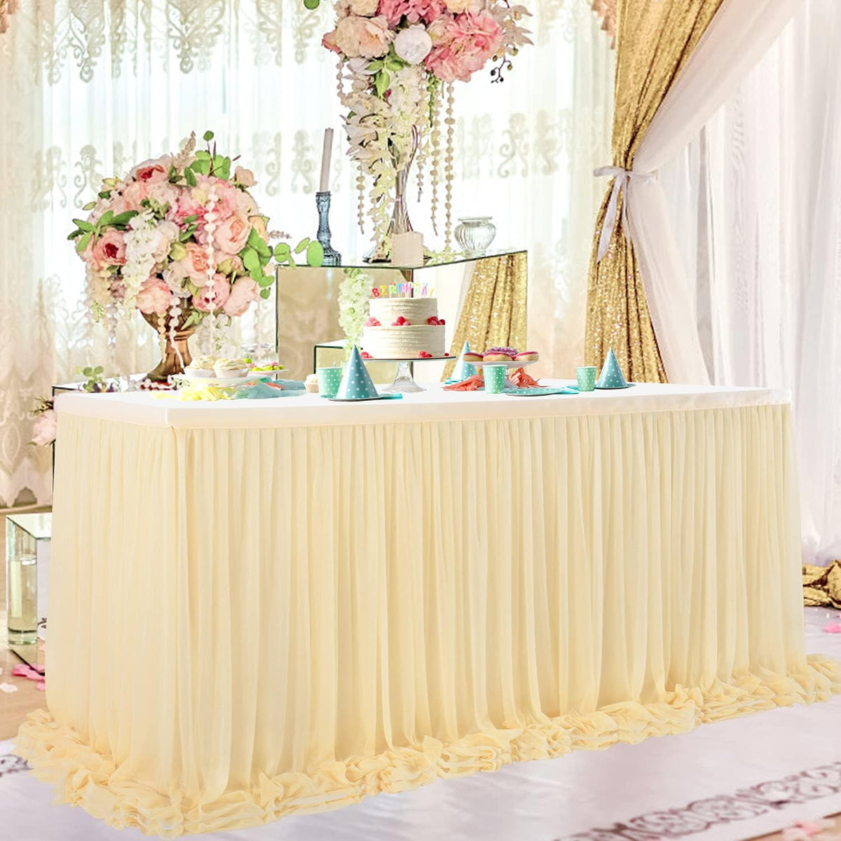 9ft Champagne Table Skirt for Weddings Table Cloth Elegant Tutu Table Skirt Cover for Birthday
