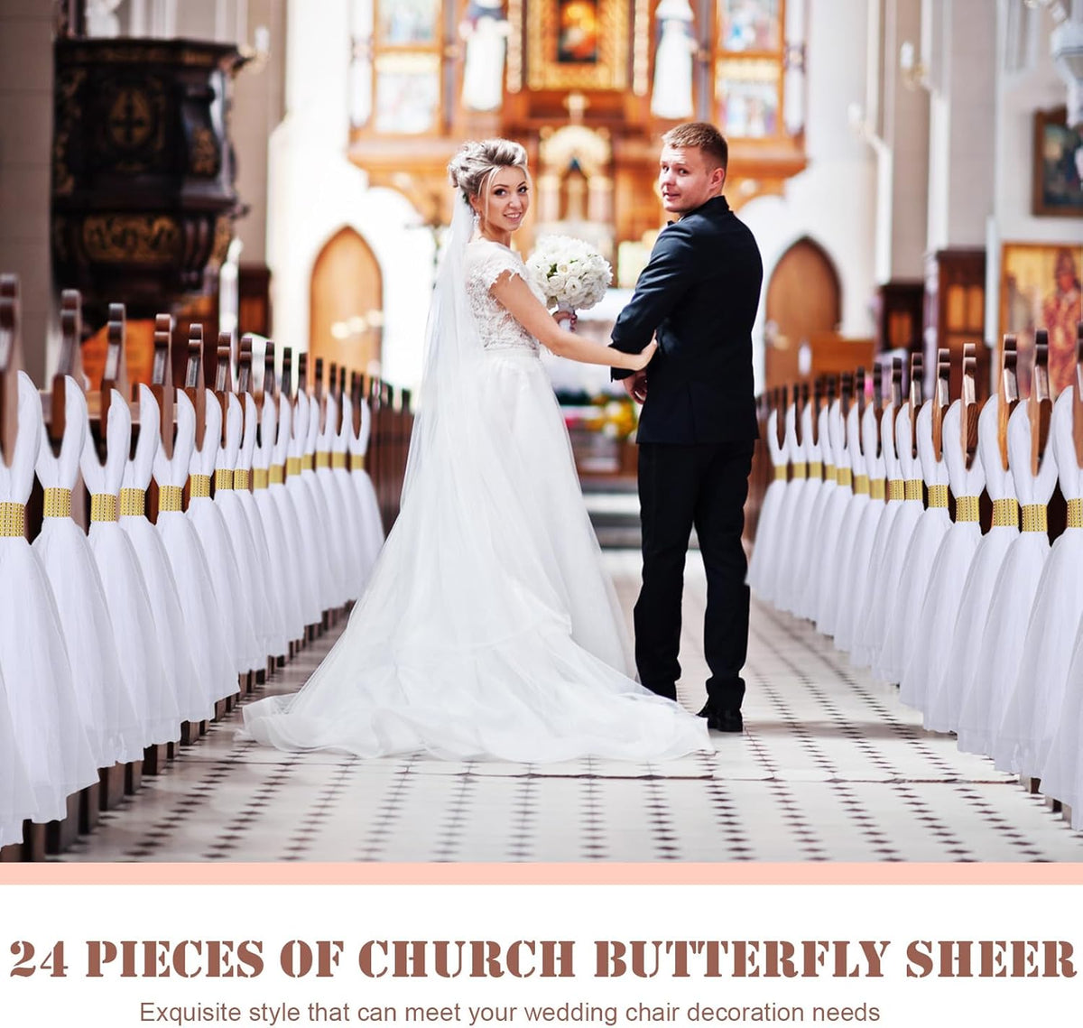 24 Set Wedding Aisle Chair Decorations 31.5 Inch Pew Bows with Long Tulle Tails and Rhinestone wrap