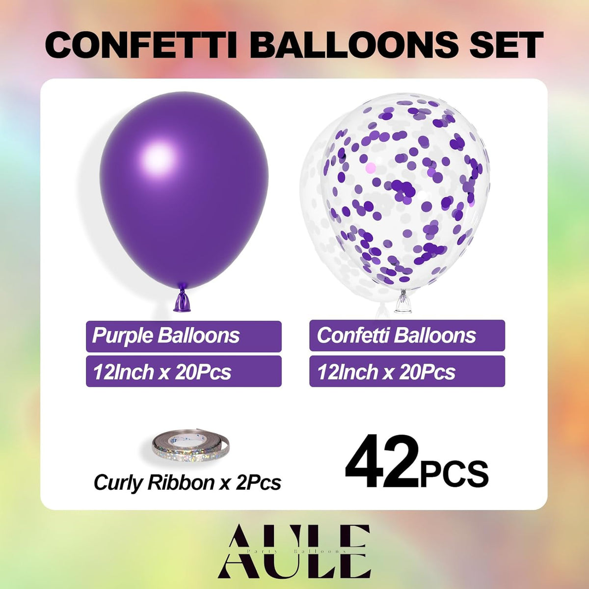 AULE Party Balloons Pack of 42 - Metallic Balloons & Confetti Balloons and 64ft Ribbons - 12 Inch