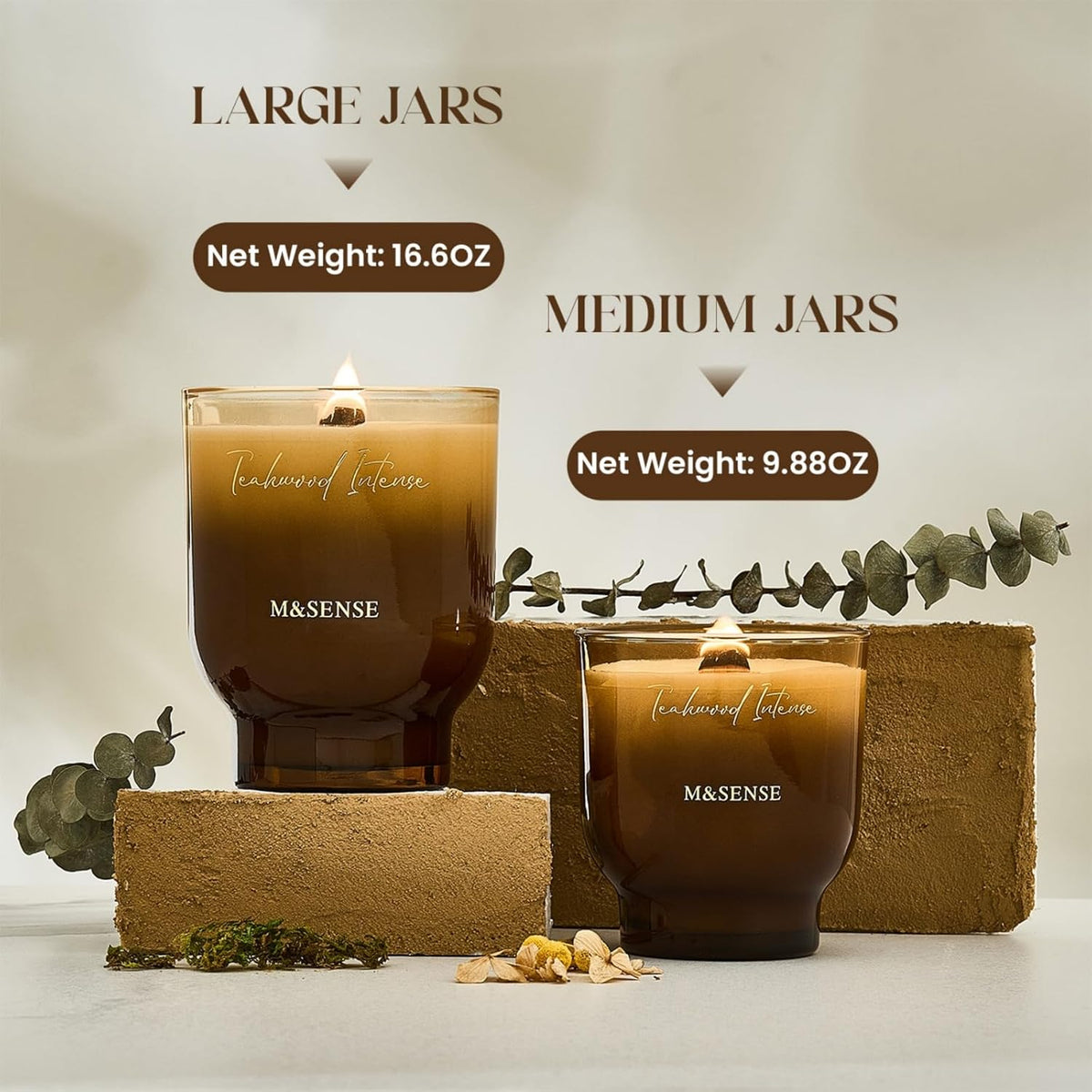 M&SENSE 16.6oz Natural Soy Large Jar Candle with Wooden Wick | Teakwood Intense Scent | 95-Hour