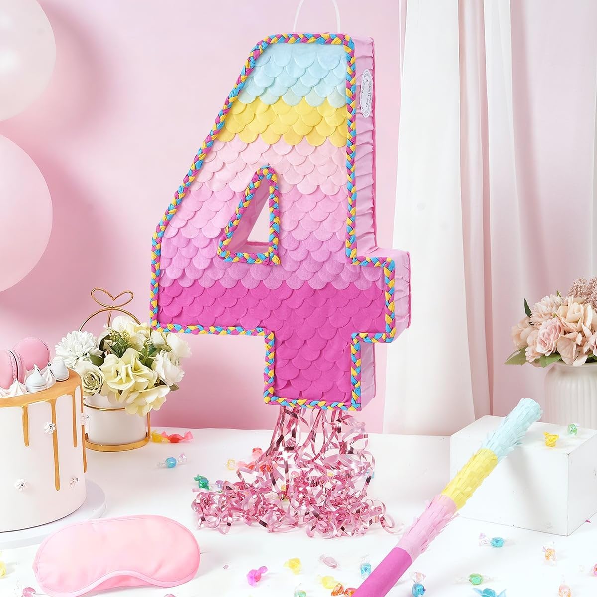 WERNNSAI Pink Sweet Four Pinata - Number 4 Pinata Happy Birthday Decoration Pink Rainbow Design