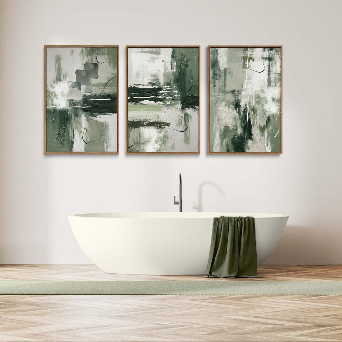 myusuar 3 Piece Large Modern Abstract Canvas Framed Wall Art For Living Room, Sage Green Minimalist