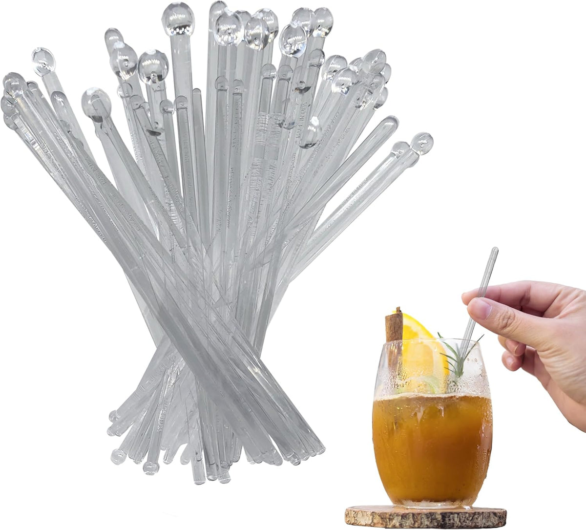 Coffee and Cocktail Stirrers, Reusable Plastic Drink Stirrer Sticks, 100 Ball Head Swizzle Sticks